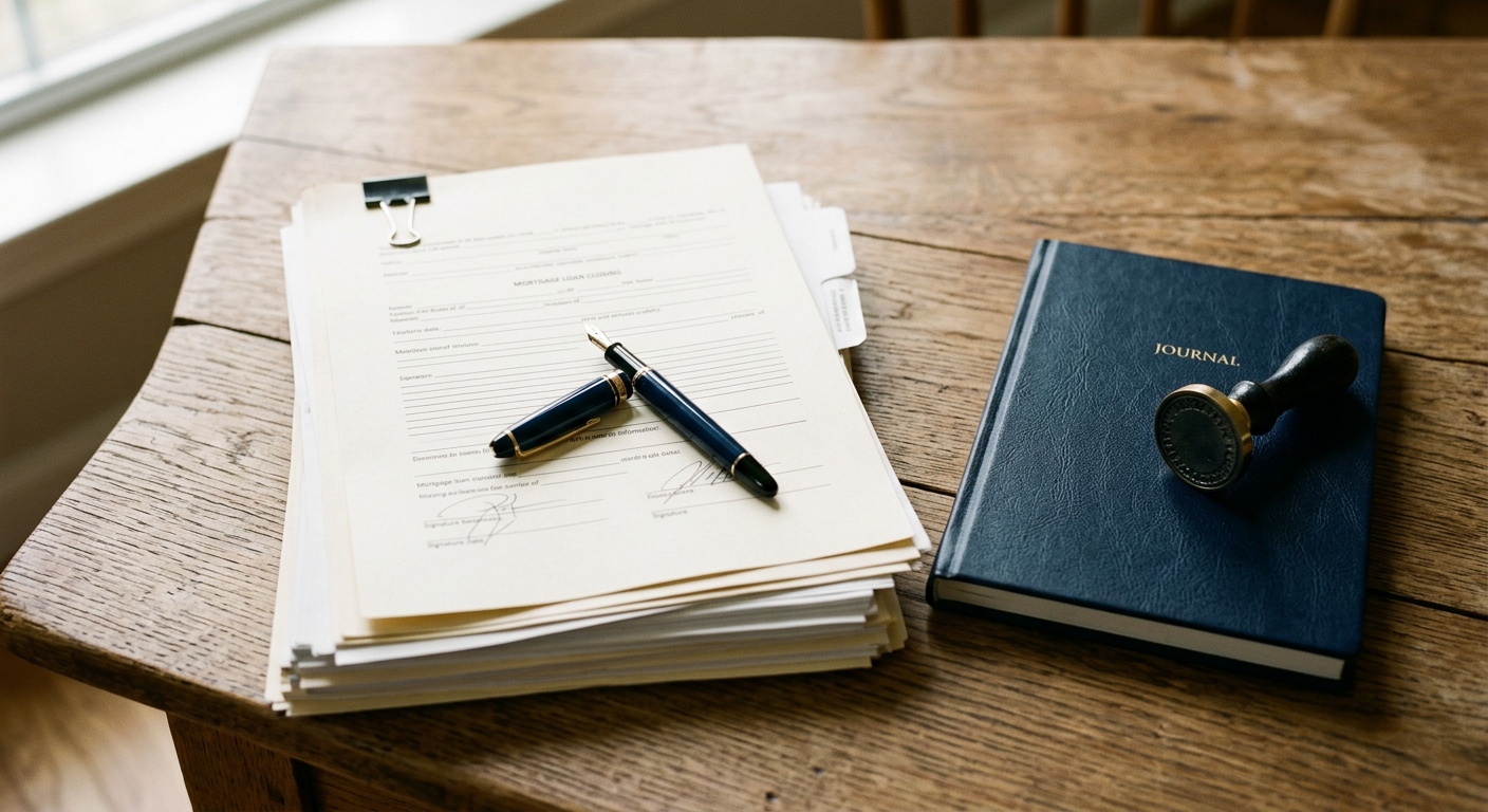 Loan closing documents with a pen and notary seal on a wooden table