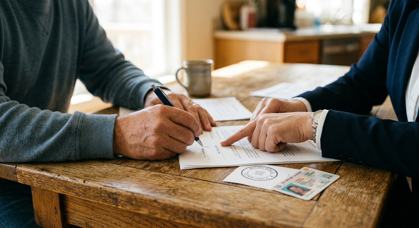 A notary guiding a couple through signing home loan documents at their kitchen table